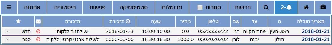 לשונית תזכורות הצגת הזמנות עם תזכורות חשובות
