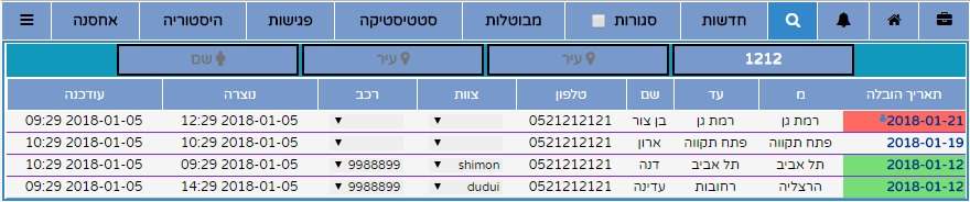 חיפוש הובלה דרך מספר טלפון
